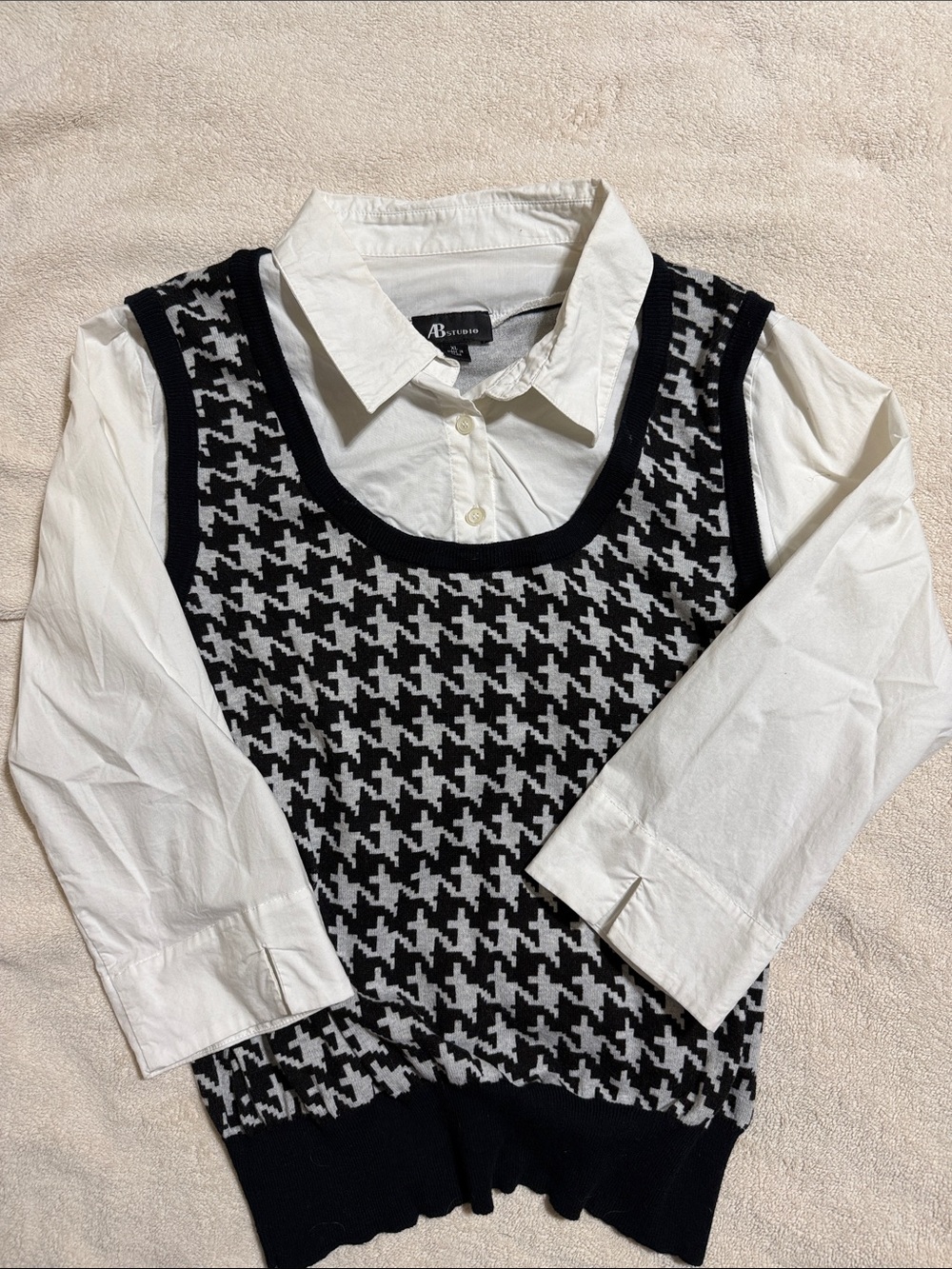 AB Studio Black & White Houndstooth Sweater Vest with Attached White Shirt